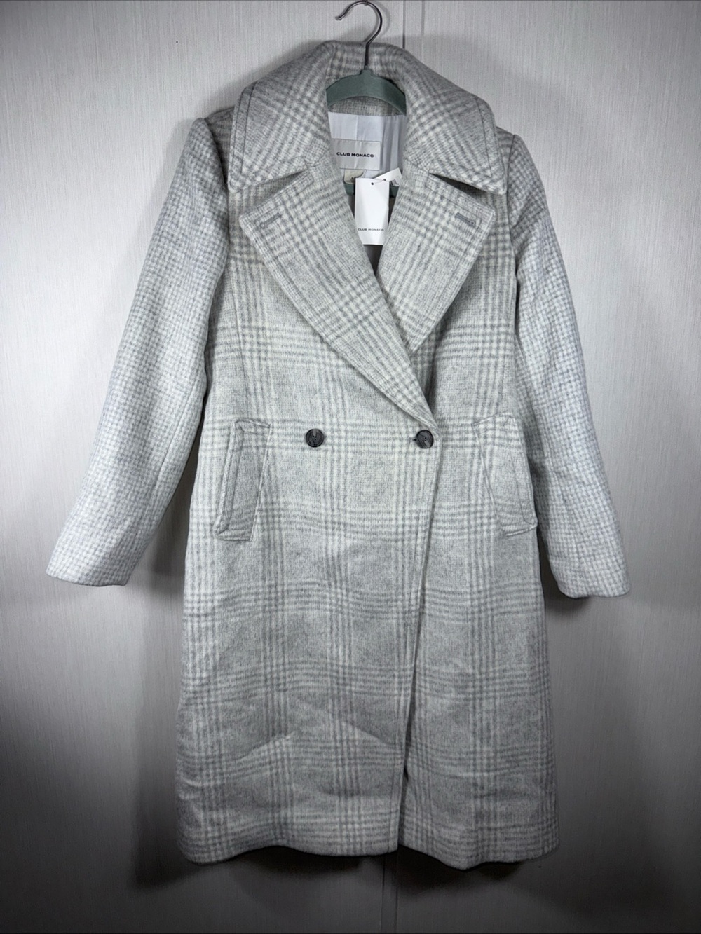 NWT CLUB MONACO Women's Daylina Coat Sz S Heather Gray Plaid Wool Blend Trench